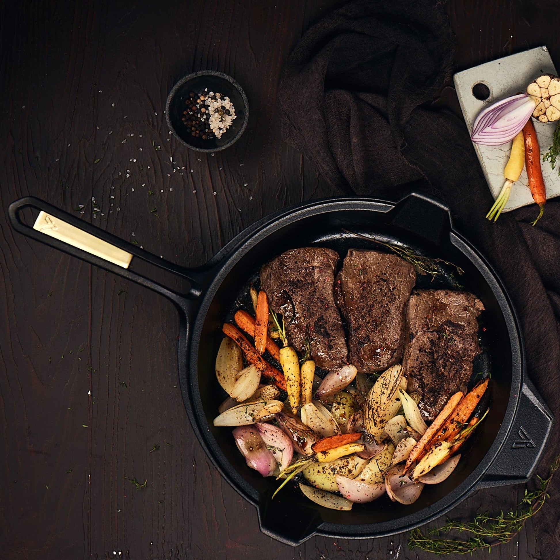 12-Inch Cast Iron Skillet with Helper Handle, SIGNATURESoft Technology - Meat N' Bone