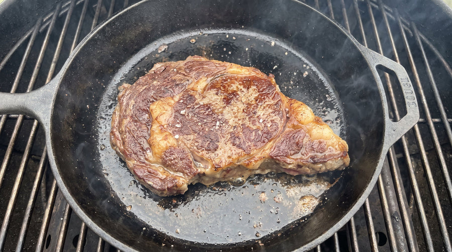A cast-iron skillet is the best way to grill a RibEye/New York