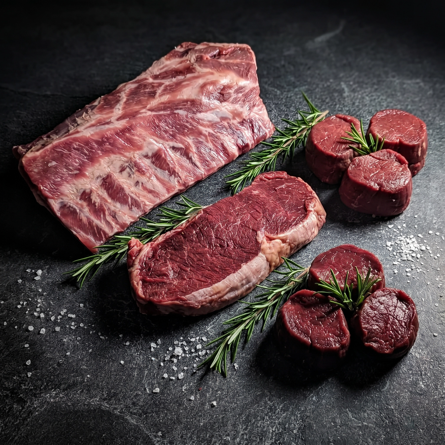 Wild Game Variety Pack — Chef’s Selection of Premium Game Meats Bison Strip Steak, Elk Filet, Venison Filet Mignon & Wild Boar Ribs Exotic Meat Sampler