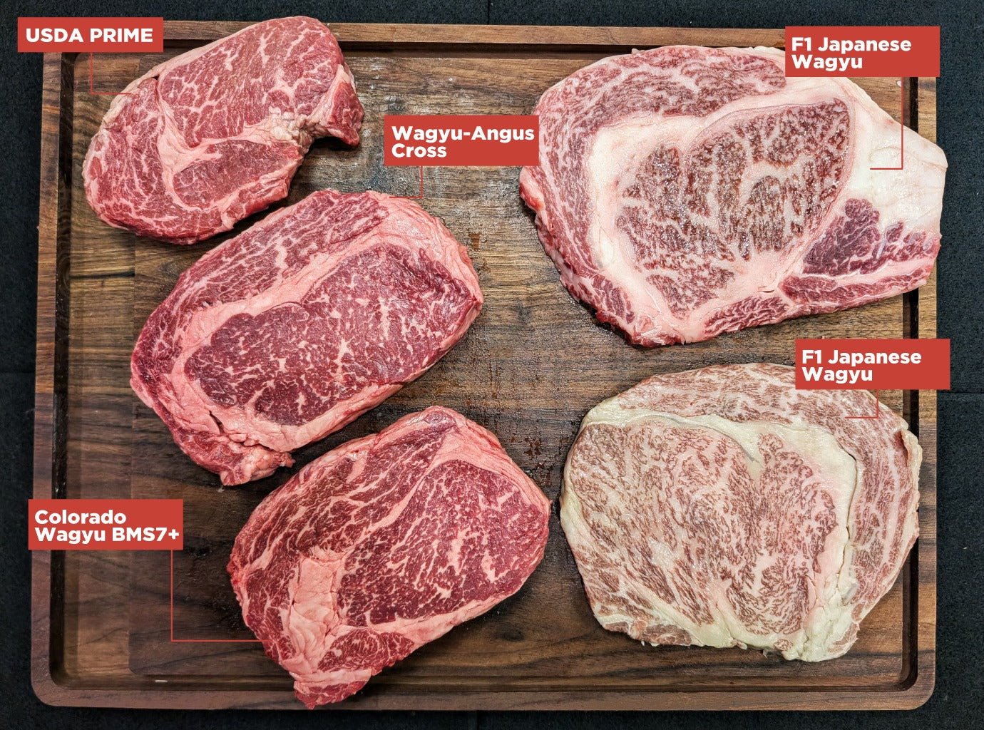 Premium Wagyu Steak Sampler 5 - Pack: A5 Miyazaki - Gyu, Japanese F1, Colorado Wagyu, Wagyu - Angus Cross & USDA Prime Ribeye - Meat N' Bone