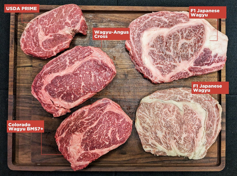 Premium Wagyu Steak Sampler 5-Pack: A5 Miyazaki-Gyu, Japanese F1, Colorado Wagyu, Wagyu-Angus Cross & USDA Prime Ribeye - Meat N' Bone