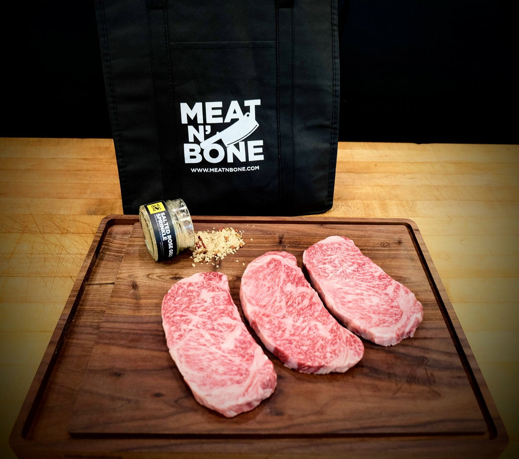 Striploin A5 Miyazakigyu Japanese Wagyu with Salted Rose Gold Sprinkle - Meat N' Bone